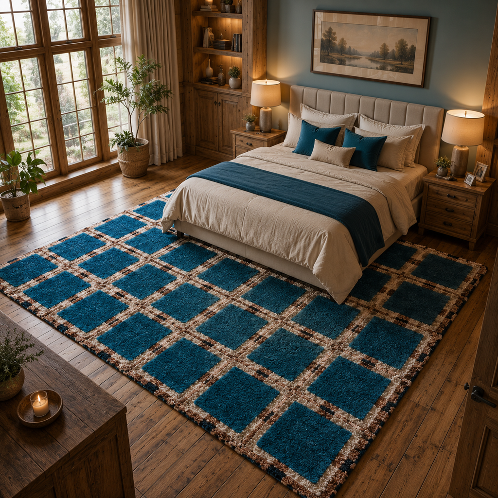 Hand Tufted Wool Rug – Blue & White Floral Geometric Area Rug for Living Room & Bedroom Decor Carpet