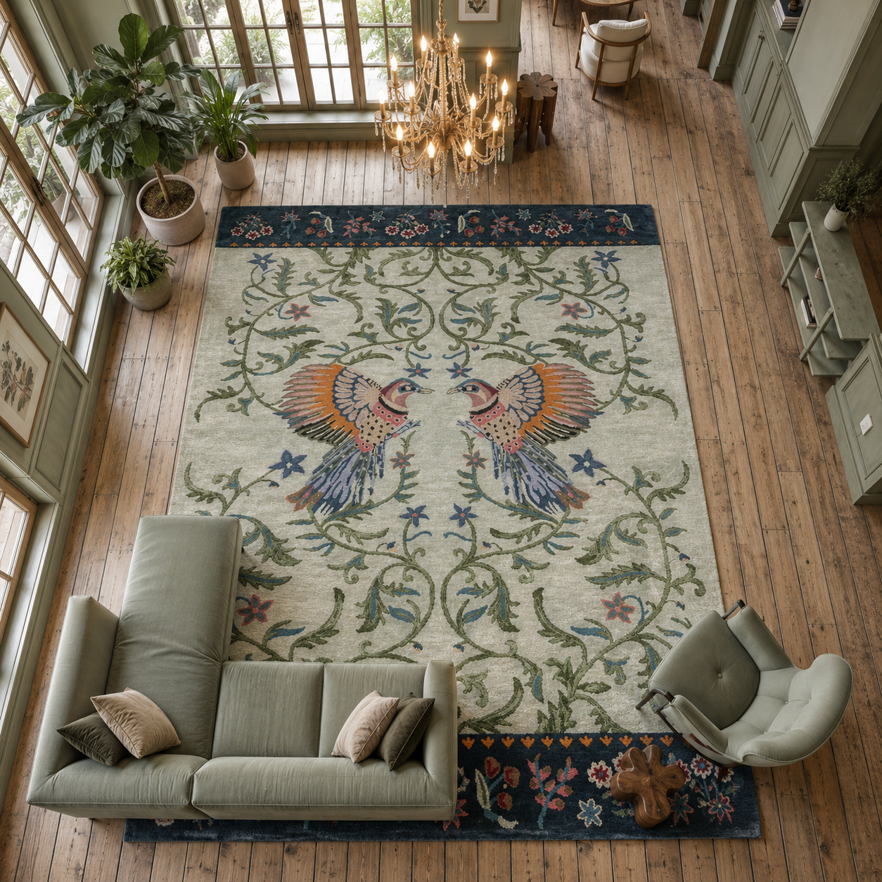 Handmade Wool Tufted Rug – Aria Design Green Bird & Floral Pattern, Elegant Decorative Home Accent