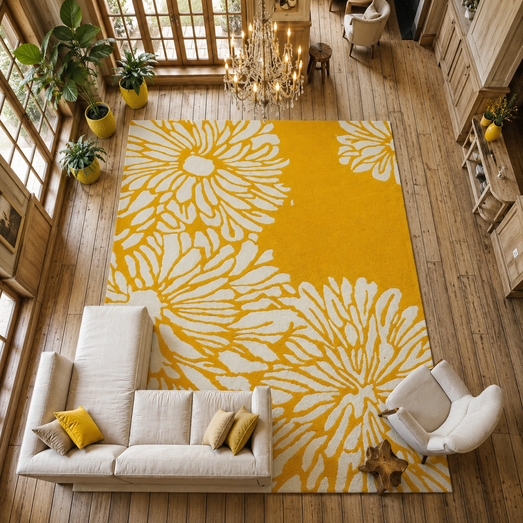 Modern Hand Tufted Wool Area Rug Mustard Yellow Ivory Floral Rectangular Carpet Soft Floor Rug For Home Office Decor.