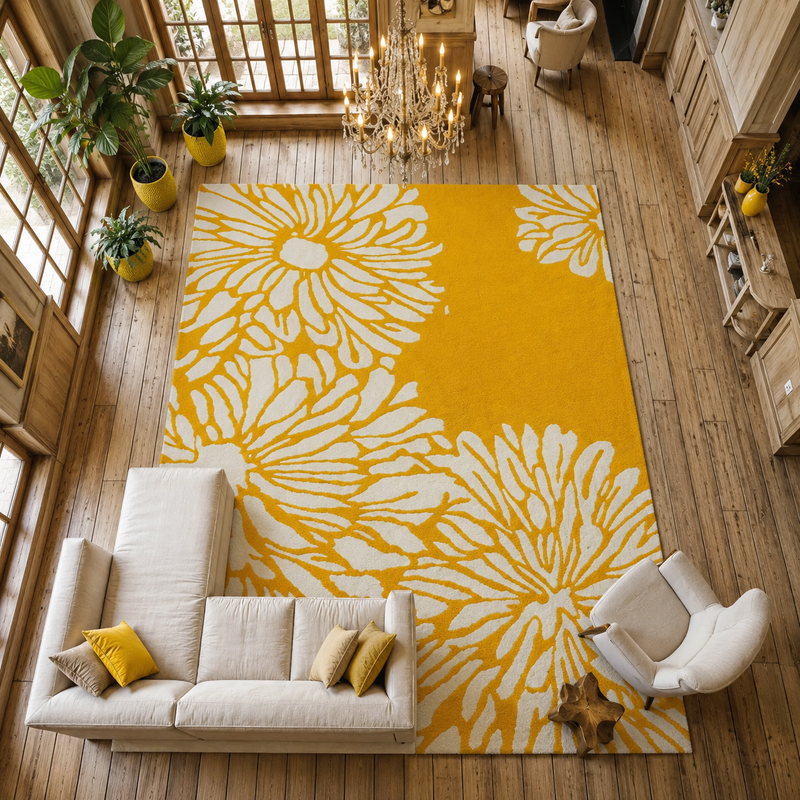 Modern Hand Tufted Wool Area Rug Mustard Yellow Ivory Floral Rectangular Carpet Soft Floor Rug For Home Office Decor.
