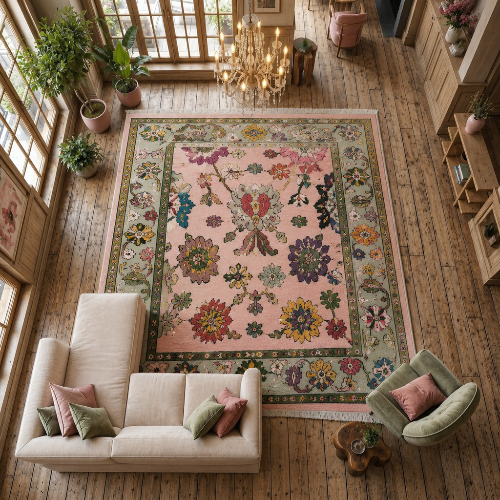 Hand Knotted Pink Oushak Rug 8x10 Sage Green Pastel Wool Area Carpet Traditional Turkish Floral Large Living Room Nursery Home Decor Aesthetic