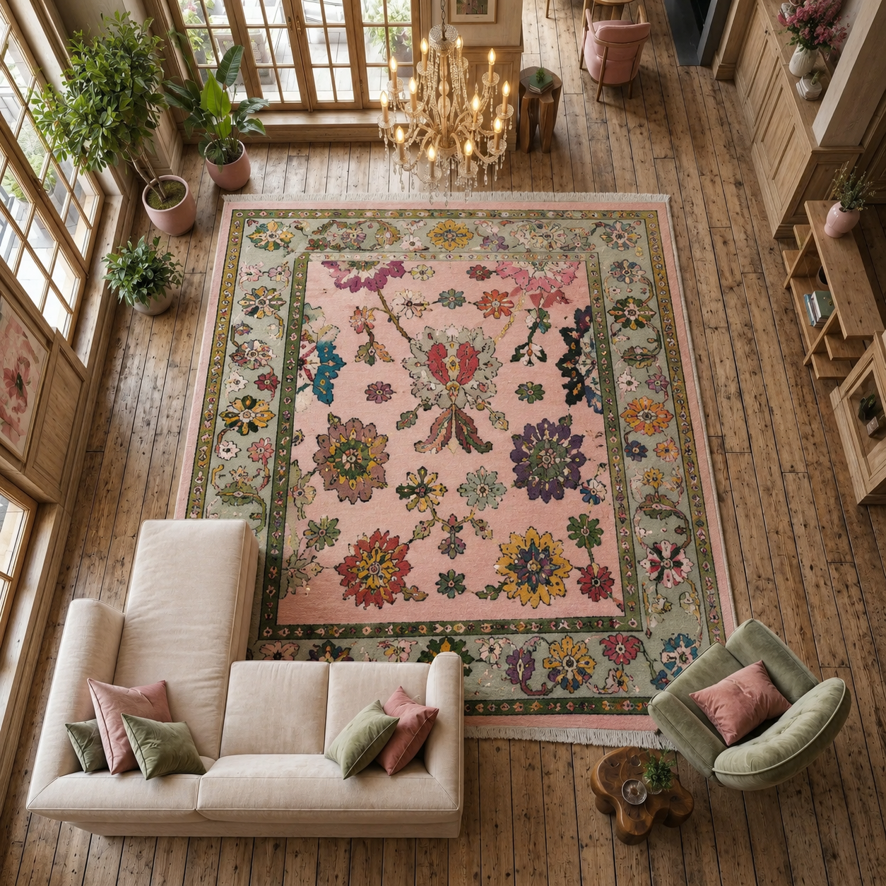 Hand Knotted Pink Oushak Rug 8x10 Sage Green Pastel Wool Area Carpet Traditional Turkish Floral Large Living Room Nursery Home Decor Aesthetic