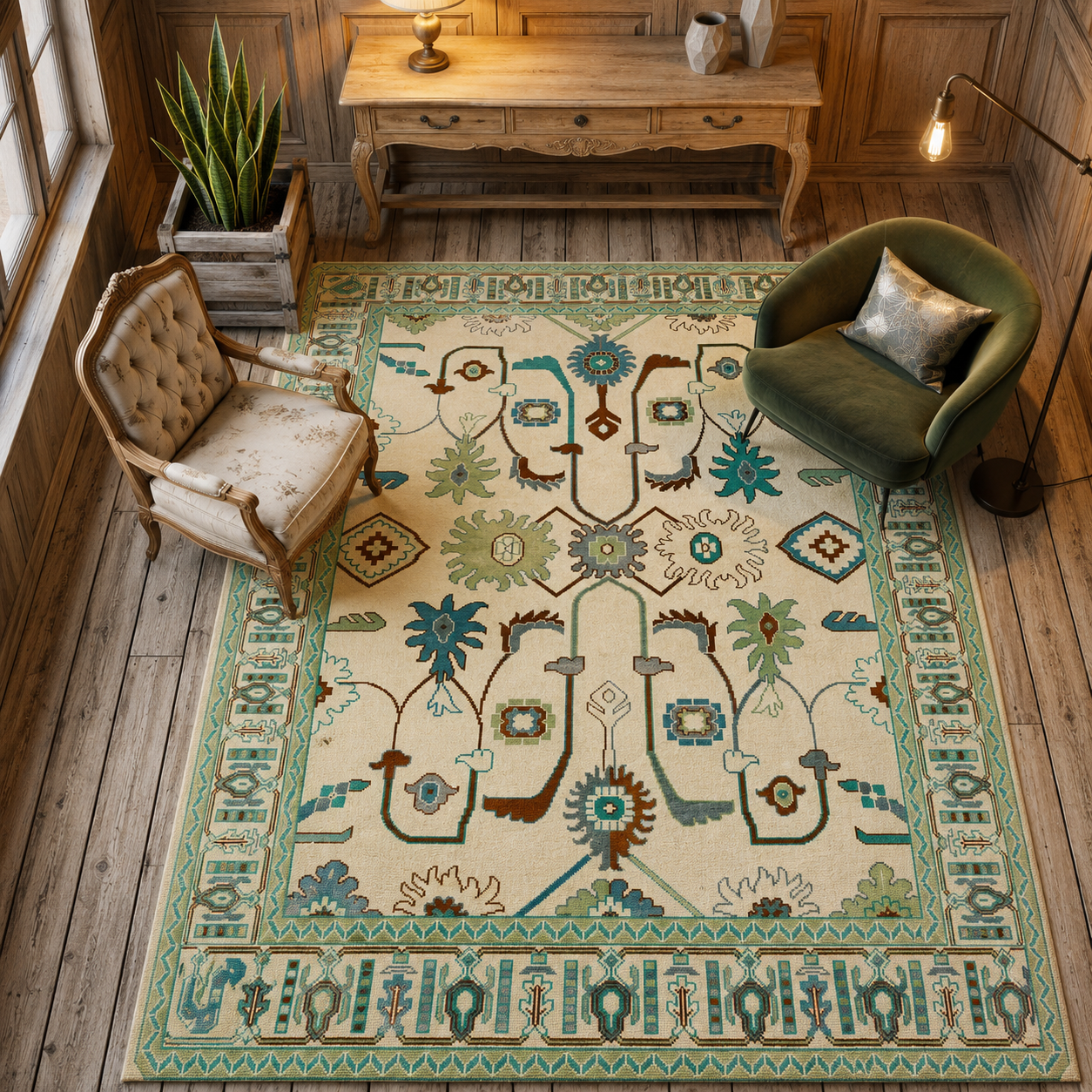 Sage Green Oushak Rug, 8x10 Ivory Hand-Tufted Woolen Carpet