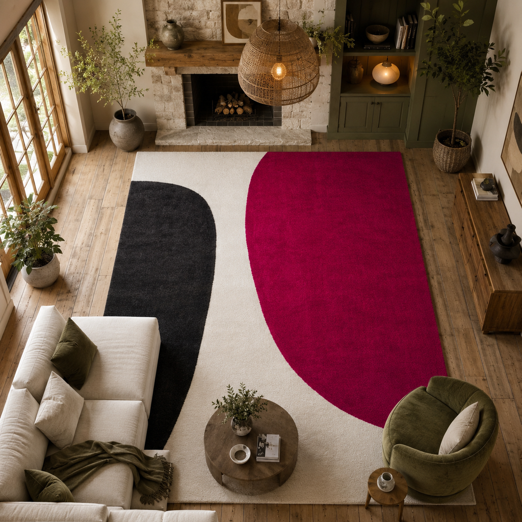 Modern Hand Tufted_ Abstract Pink Area Wool Rug For Living & Bedroom Stylish Brighten Neutral Interior Carpet