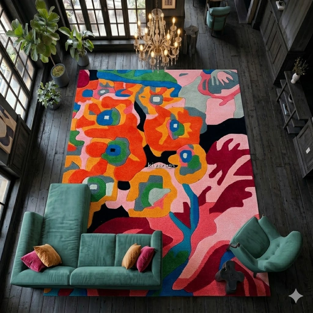 Handmade Hand-Tufted Floral Pattern Wool Area Rug | Colorful Decorative Carpet for Living Room Interior