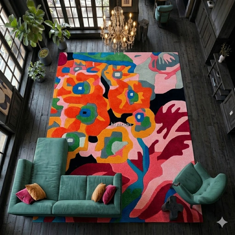 Handmade Hand-Tufted Floral Pattern Wool Area Rug | Colorful Decorative Carpet for Living Room Interior