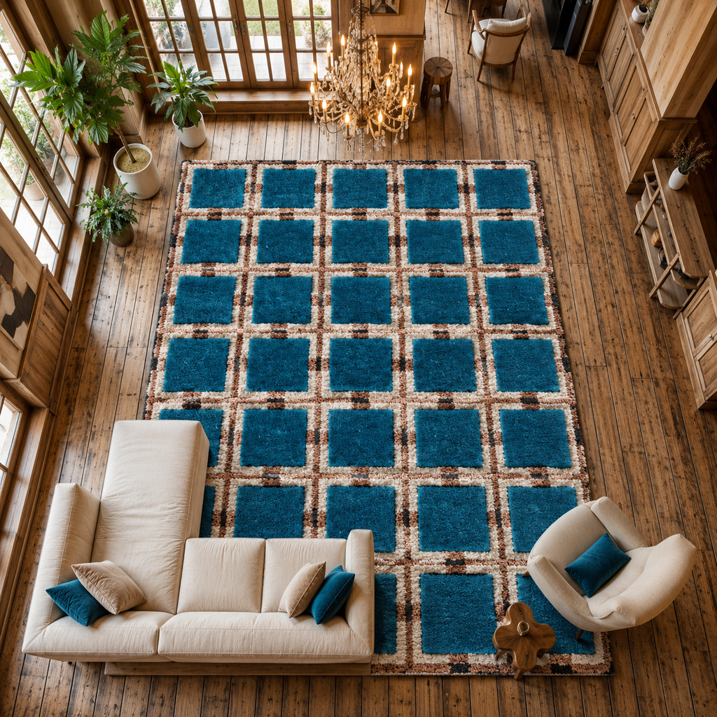 Hand Tufted Wool Rug – Blue & White Floral Geometric Area Rug for Living Room & Bedroom Decor Carpet