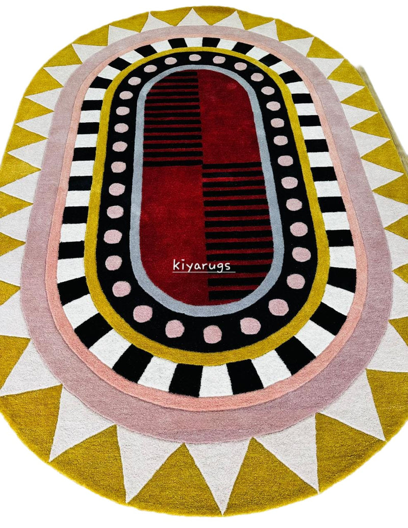 Hand-Tufted Wool Oval Area Rug – Colorful Abstract Modern Elegant Carpet for Hallway & Living Room