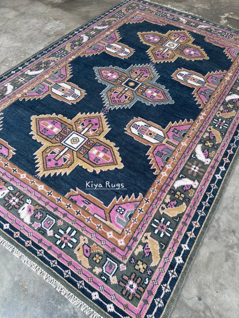 Navy Pink Oushak Rug: Hand-Knotted Turkish Floral Medallion