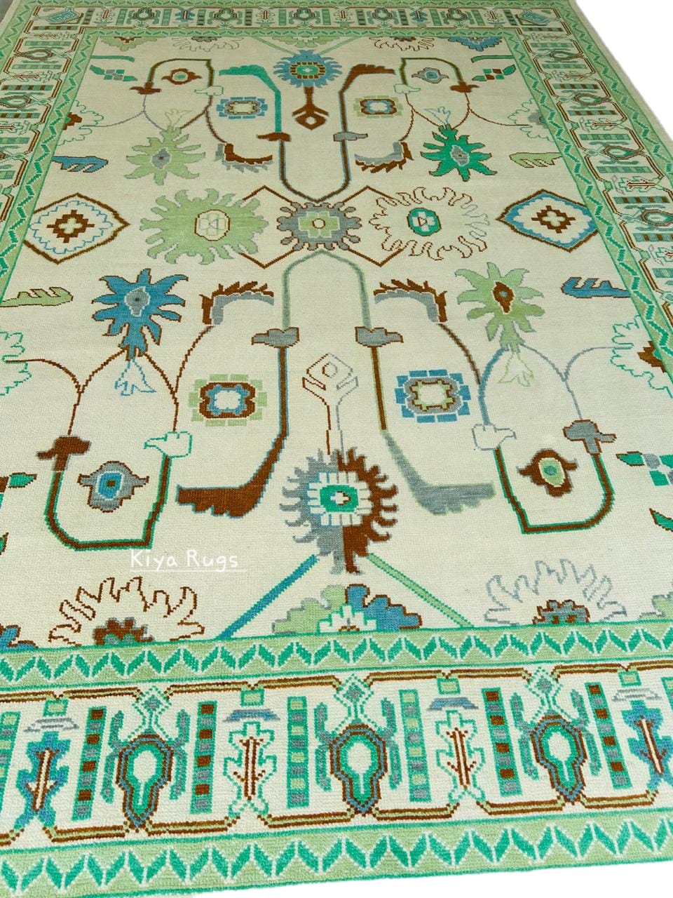 Sage Green Oushak Rug, 8x10 Ivory Hand-Tufted Woolen Carpet