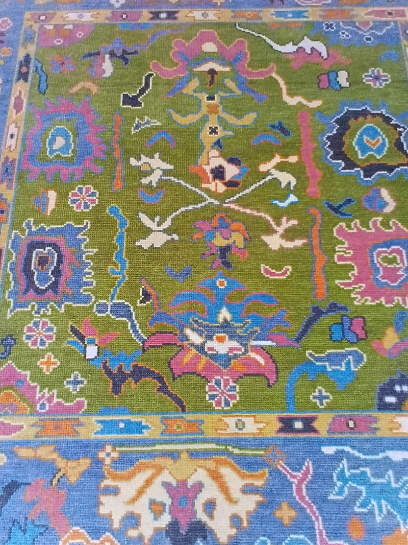 Hand Tufted Wool Rug Lime Green Floral Modern Oushak