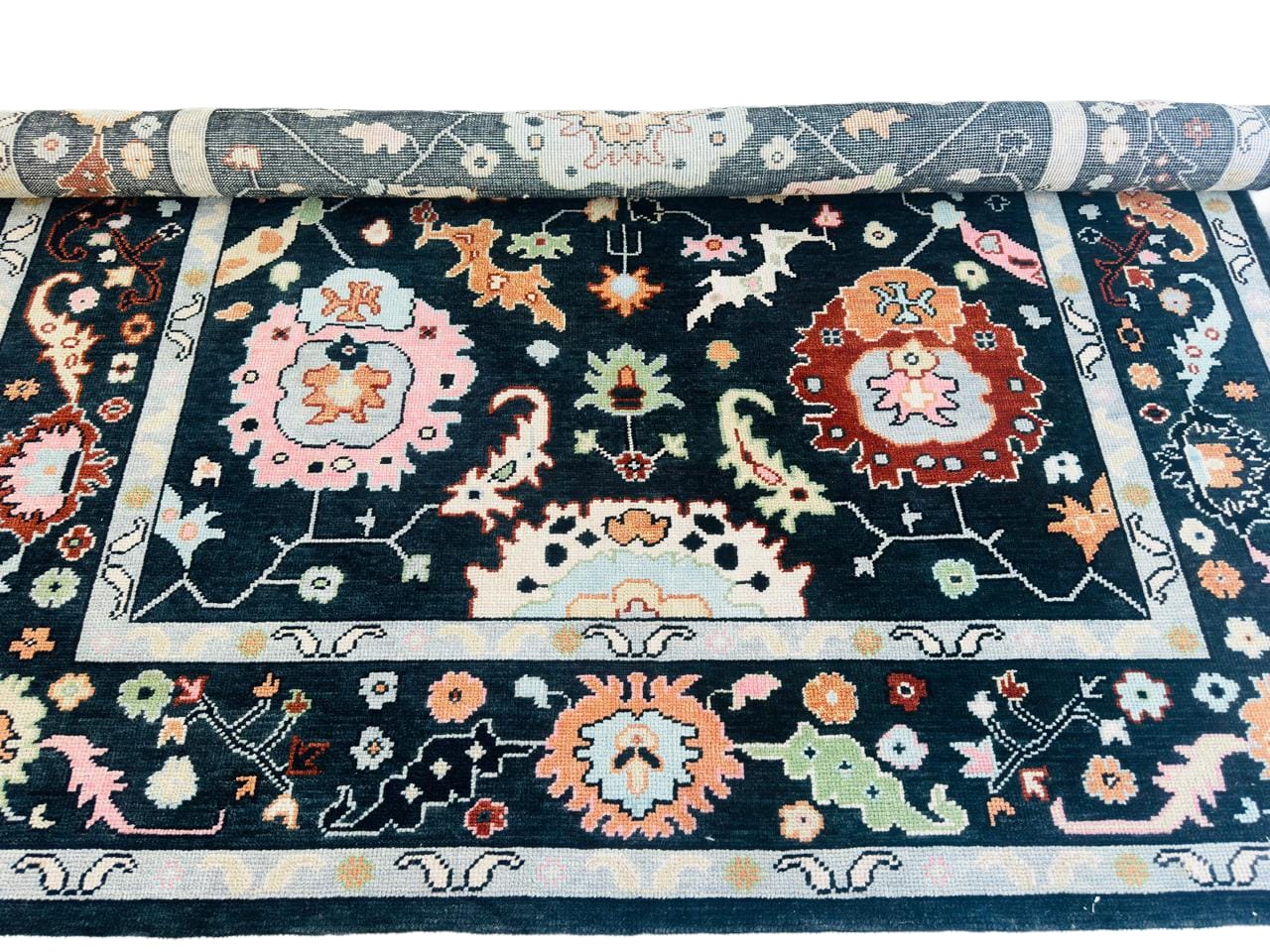 Navy Blue Oushak Rug Hand Knotted Wool Turkish Area Carpet