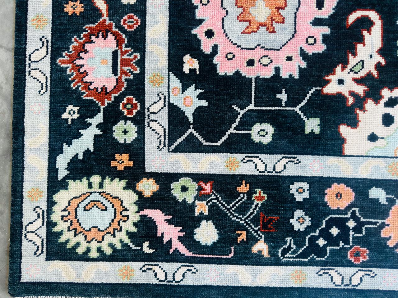 Navy Blue Oushak Rug Hand Knotted Wool Turkish Area Carpet