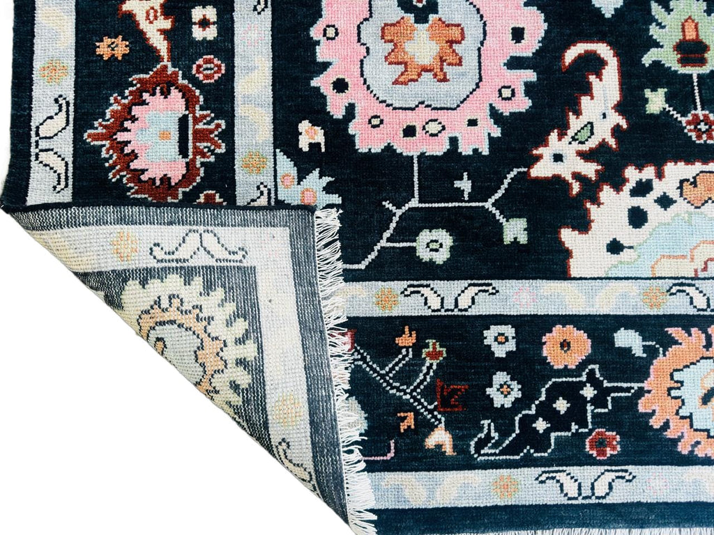 Navy Blue Oushak Rug Hand Knotted Wool Turkish Area Carpet