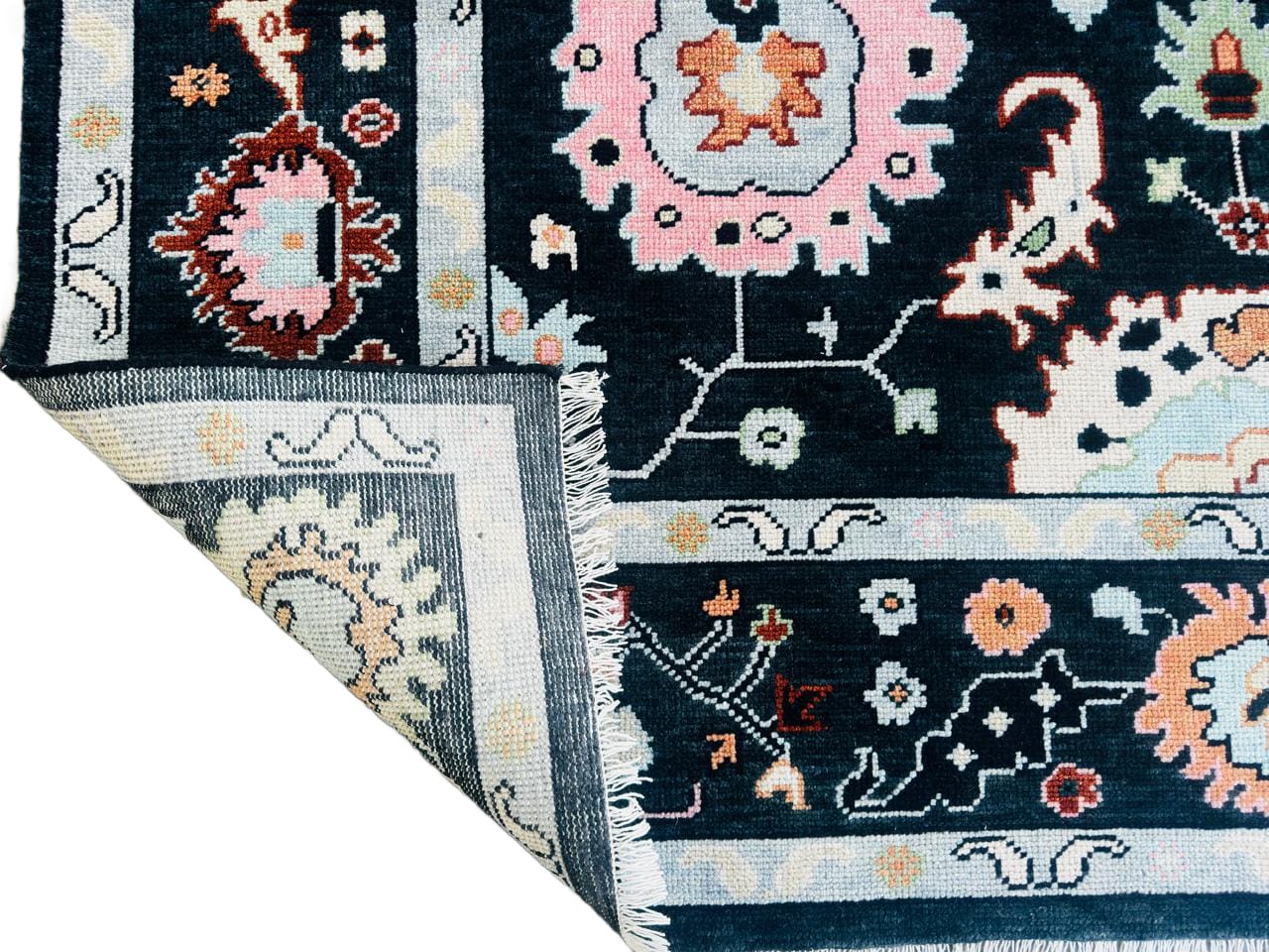 Navy Blue Oushak Rug Hand Knotted Wool Turkish Area Carpet