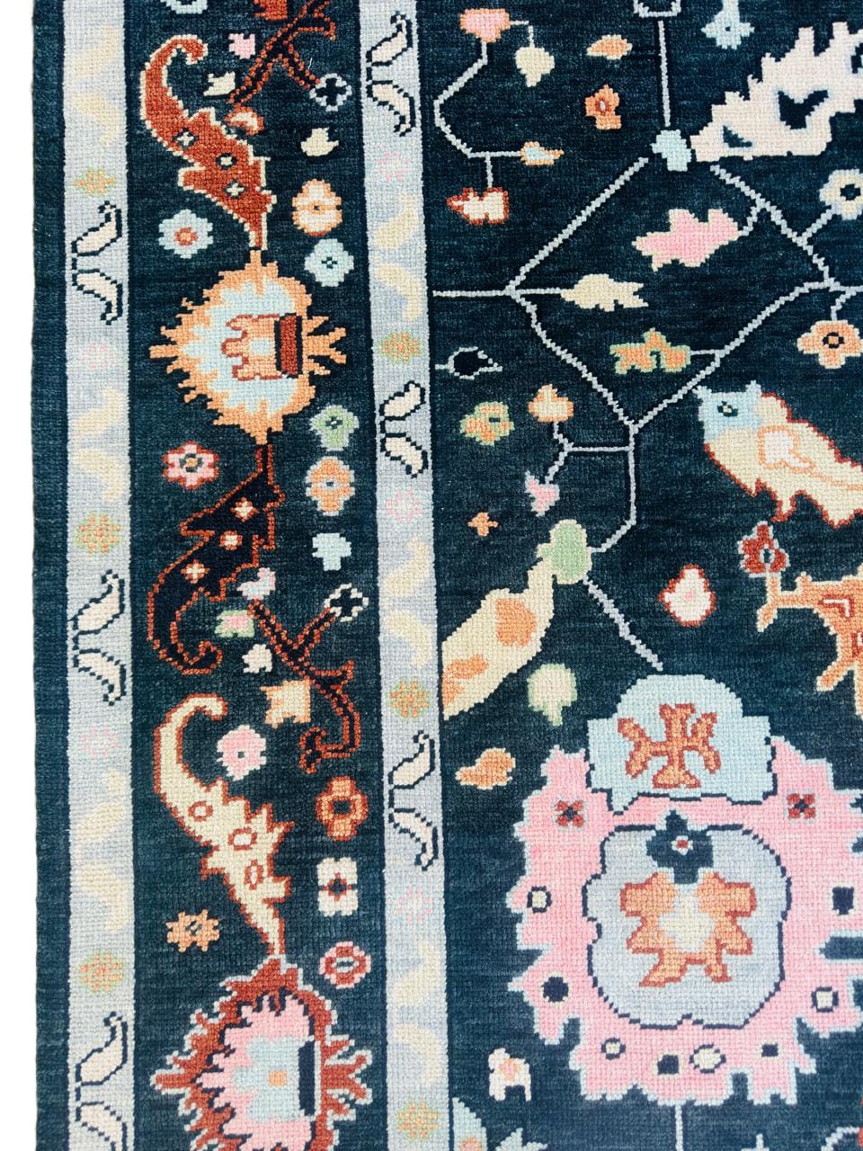 Navy Blue Oushak Rug Hand Knotted Wool Turkish Area Carpet