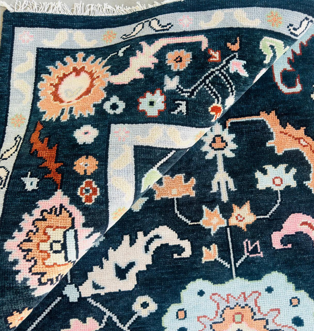 Navy Blue Oushak Rug Hand Knotted Wool Turkish Area Carpet