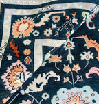 Navy Blue Oushak Rug Hand Knotted Wool Turkish Area Carpet