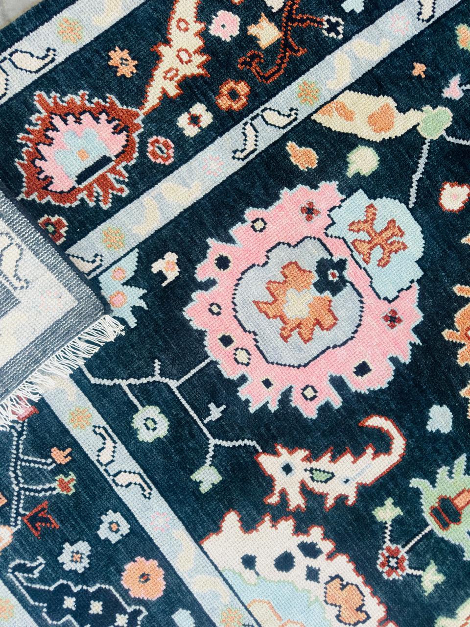 Navy Blue Oushak Rug Hand Knotted Wool Turkish Area Carpet