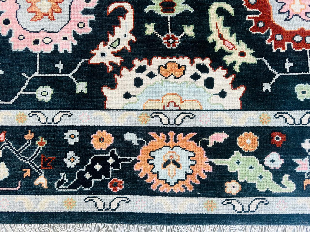 Navy Blue Oushak Rug Hand Knotted Wool Turkish Area Carpet
