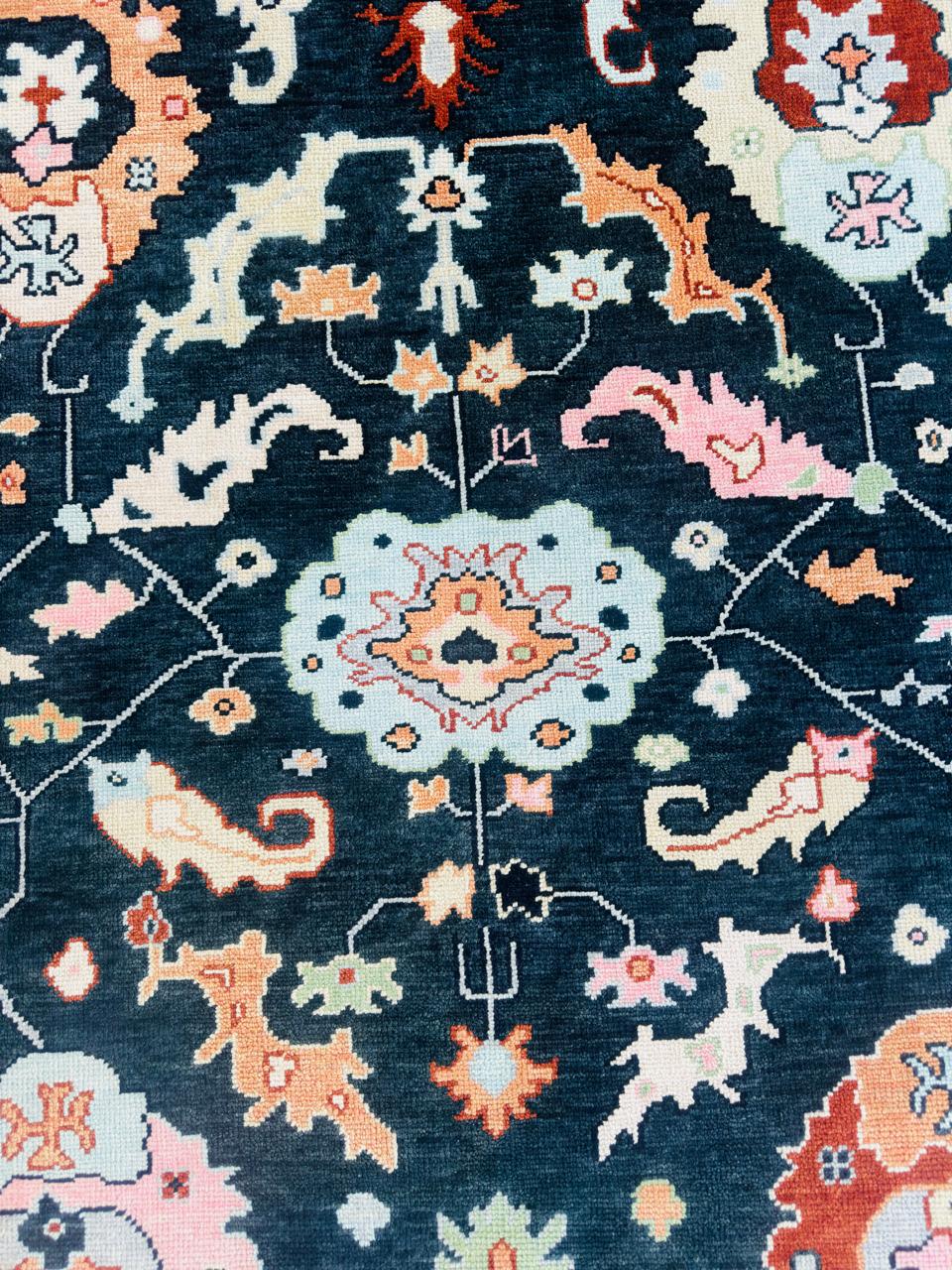 Navy Blue Oushak Rug Hand Knotted Wool Turkish Area Carpet