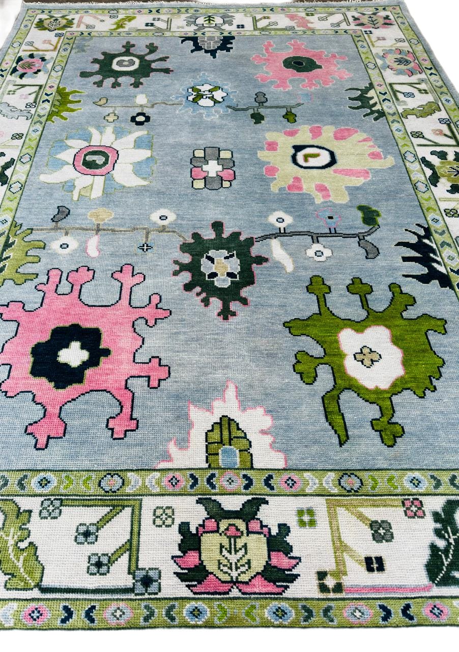 8x10 Blue Oushak Rug Hand Knotted Sage Green Pink Pastel Wool Area Carpet