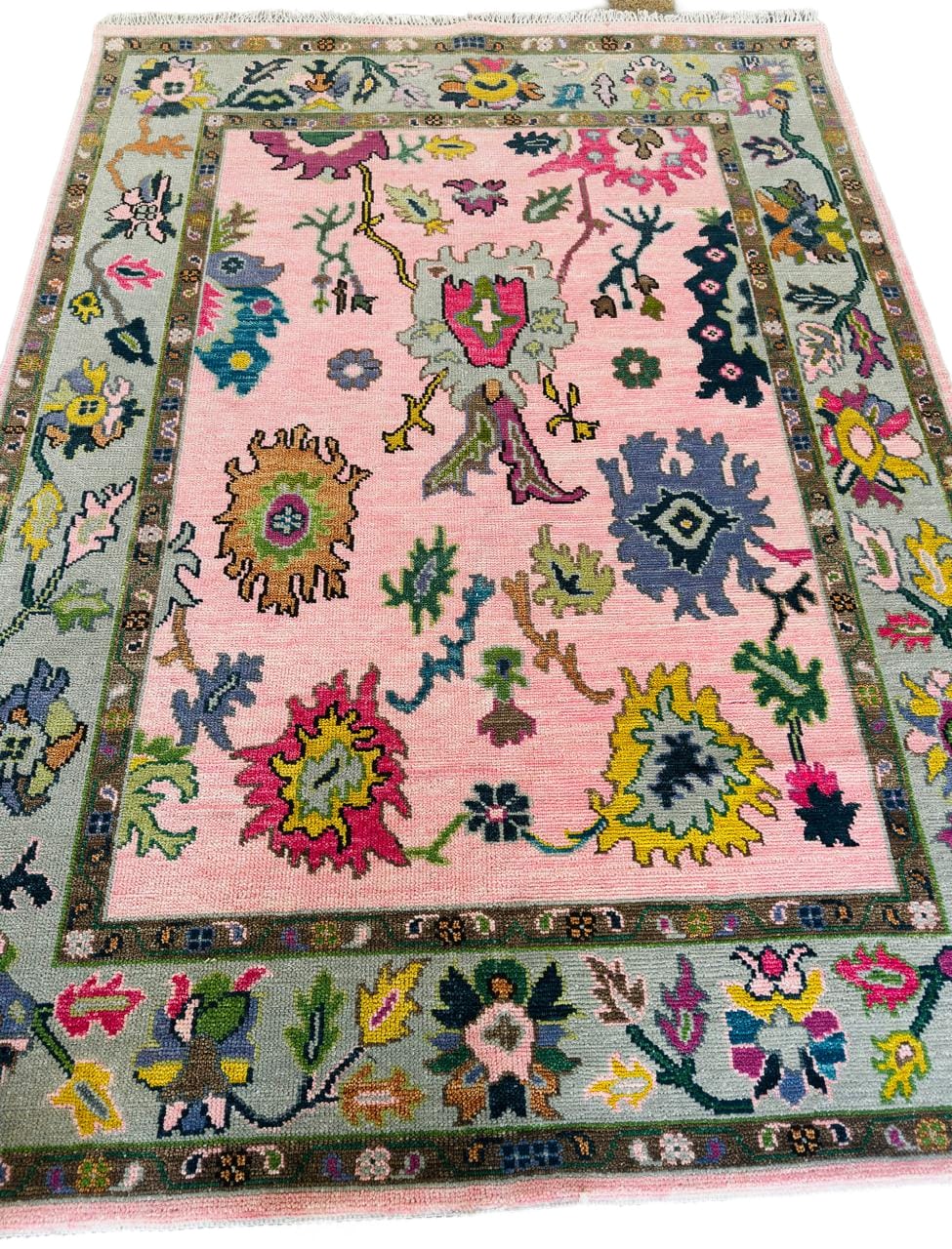 Hand Knotted Pink Oushak Rug 8x10 Sage Green Pastel Wool Area Carpet Traditional Turkish Floral Large Living Room Nursery Home Decor Aesthetic
