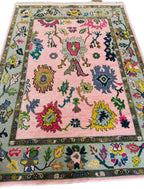 Hand Knotted Pink Oushak Rug 8x10 Sage Green Pastel Wool Area Carpet Traditional Turkish Floral Large Living Room Nursery Home Decor Aesthetic