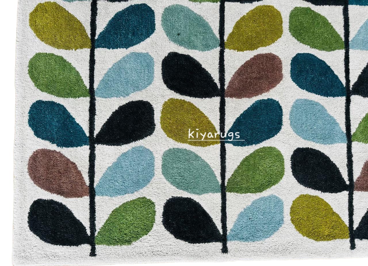 Contemporary Hand-Tufted Multicolored Leaf Rug | Designer Wool Blend Area Carpet for Modern Interiors