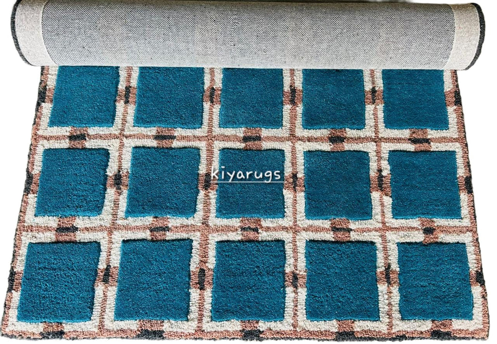 Hand Tufted Wool Rug – Blue & White Floral Geometric Area Rug for Living Room & Bedroom Decor Carpet