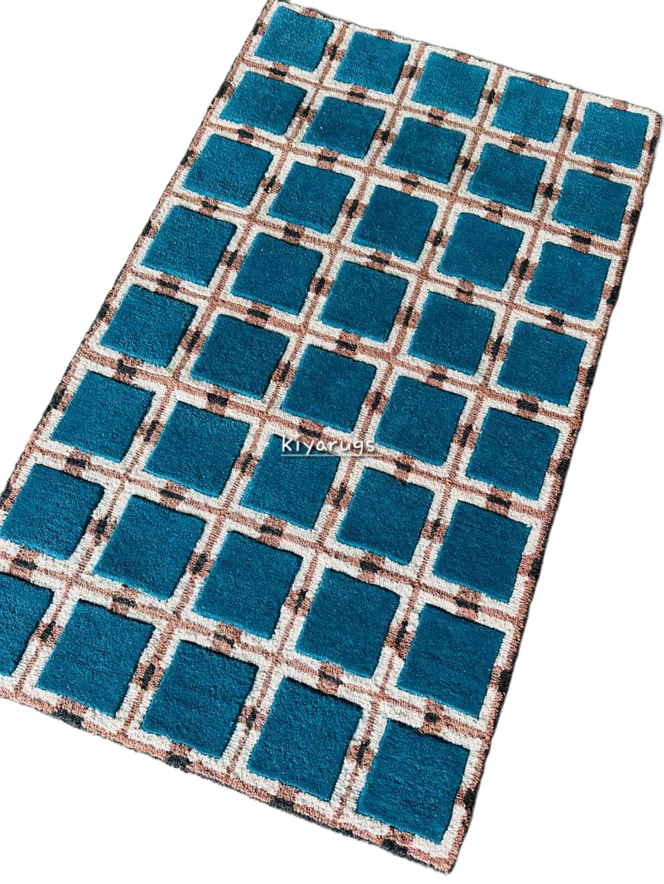 Hand Tufted Wool Rug – Blue & White Floral Geometric Area Rug for Living Room & Bedroom Decor Carpet