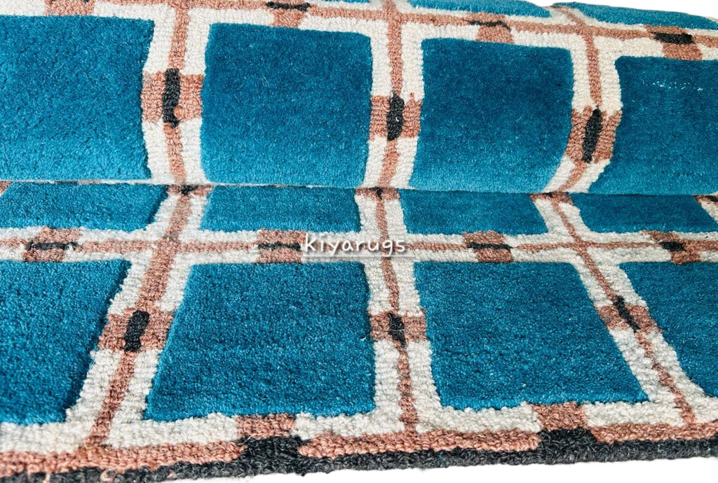 Hand Tufted Wool Rug – Blue & White Floral Geometric Area Rug for Living Room & Bedroom Decor Carpet