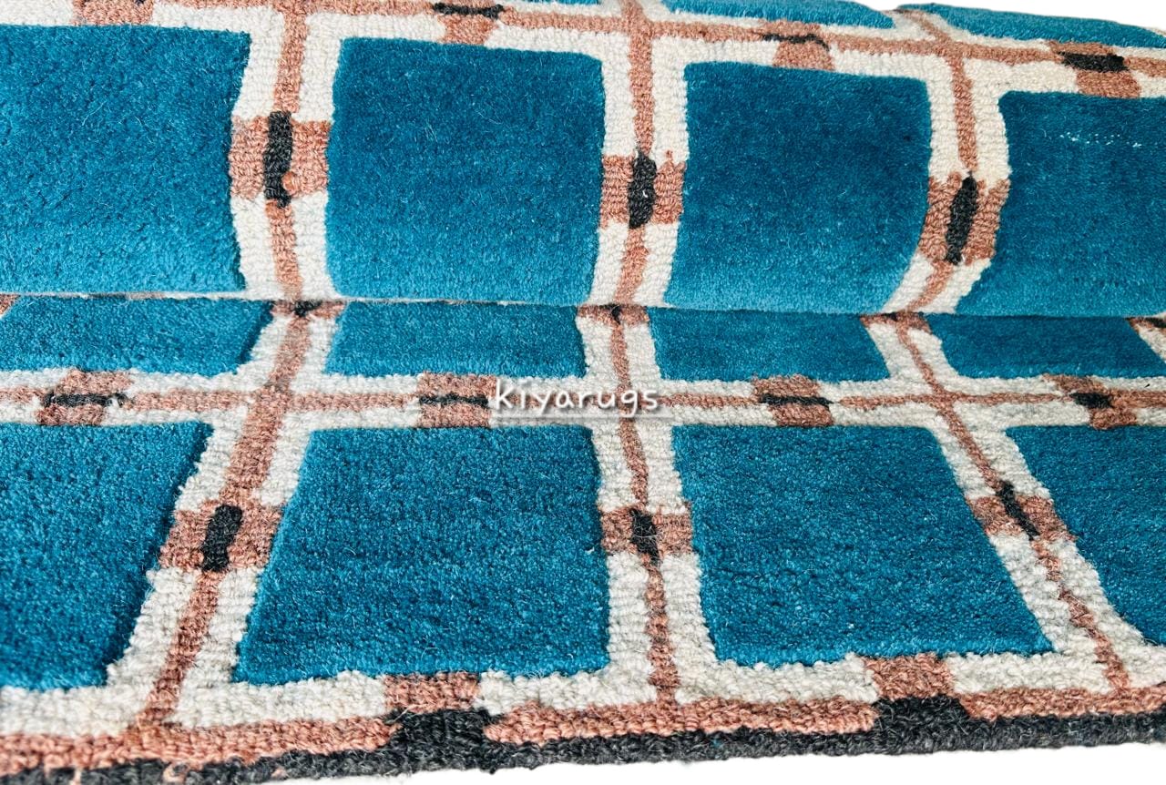 Hand Tufted Wool Rug – Blue & White Floral Geometric Area Rug for Living Room & Bedroom Decor Carpet