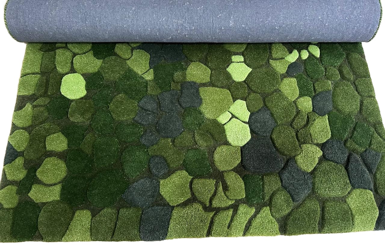 Modern Hand Tufted Wool Area Rug Moss Green Textured Pebble Rug Floral Carpet Soft Floor Rug For Home Decor