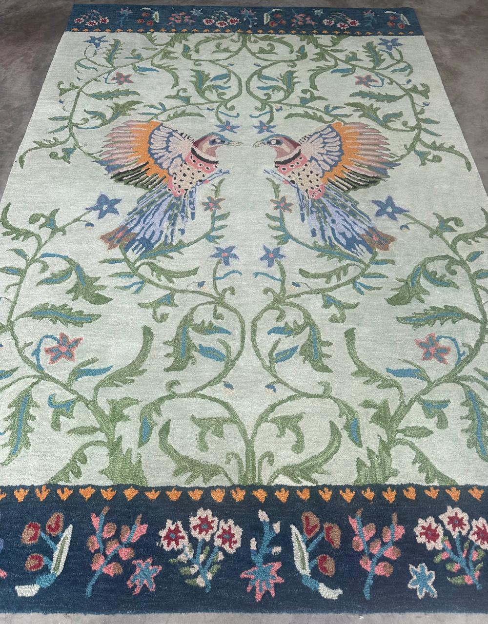 Handmade Wool Tufted Rug – Aria Design Green Bird & Floral Pattern, Elegant Decorative Home Accent