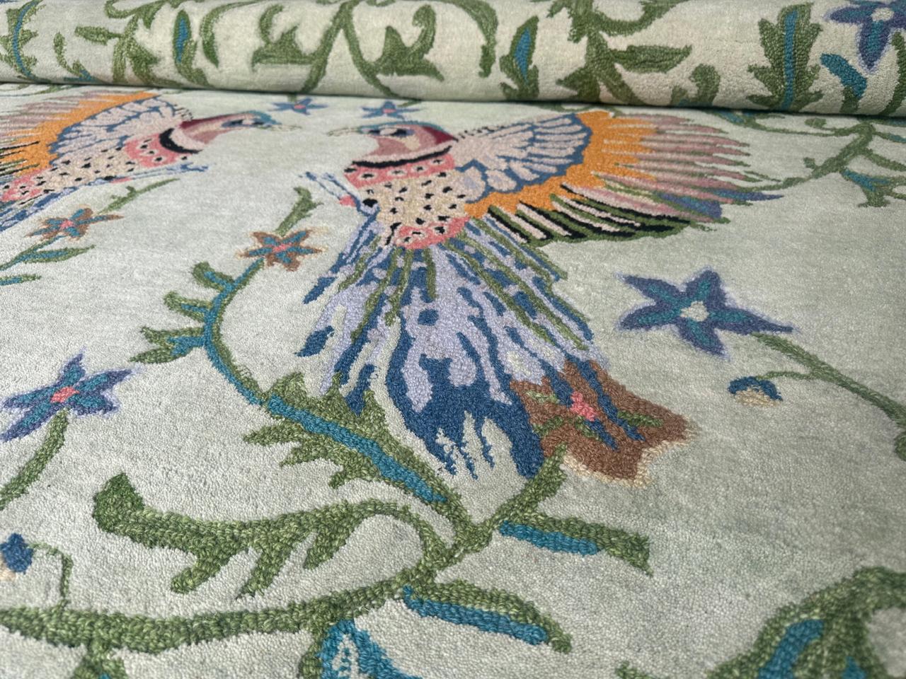 Handmade Wool Tufted Rug – Aria Design Green Bird & Floral Pattern, Elegant Decorative Home Accent