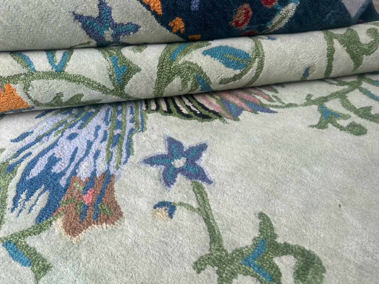 Handmade Wool Tufted Rug – Aria Design Green Bird & Floral Pattern, Elegant Decorative Home Accent