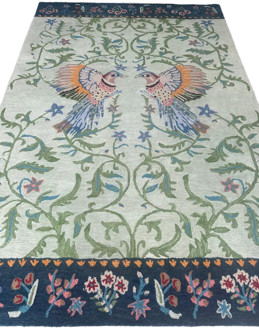 Handmade Wool Tufted Rug – Aria Design Green Bird & Floral Pattern, Elegant Decorative Home Accent