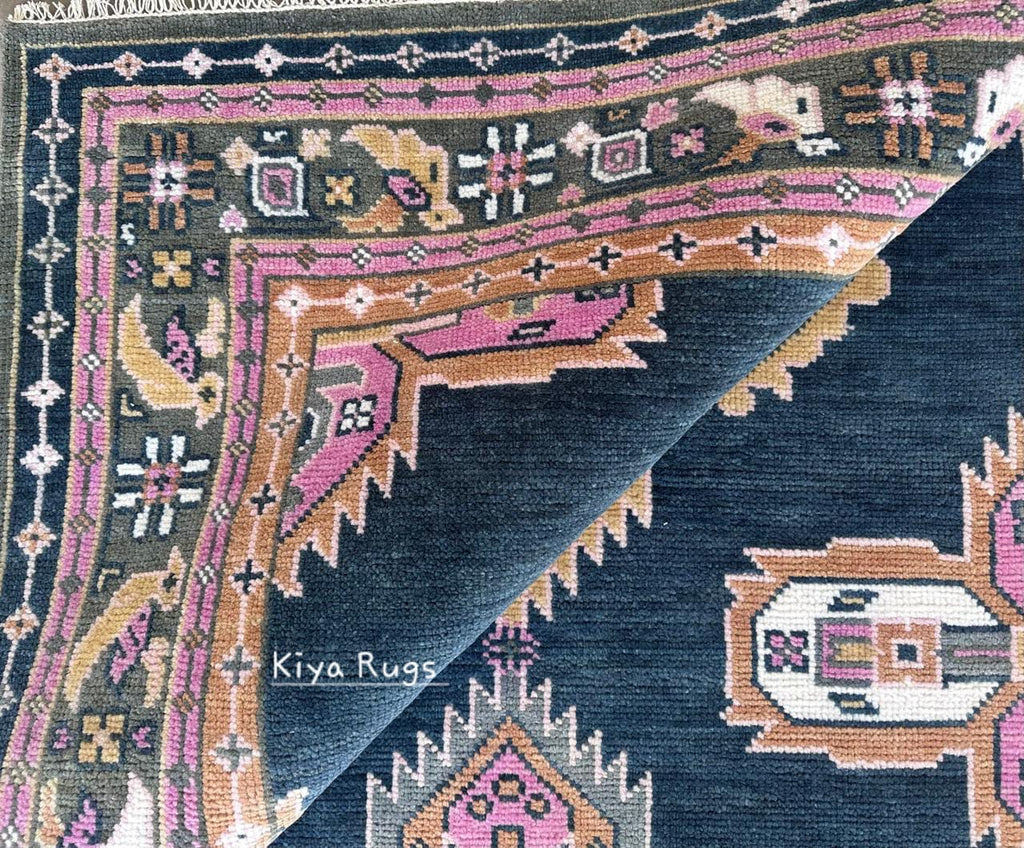 Navy Pink Oushak Rug: Hand-Knotted Turkish Floral Medallion