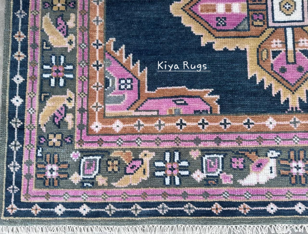 Navy Pink Oushak Rug: Hand-Knotted Turkish Floral Medallion