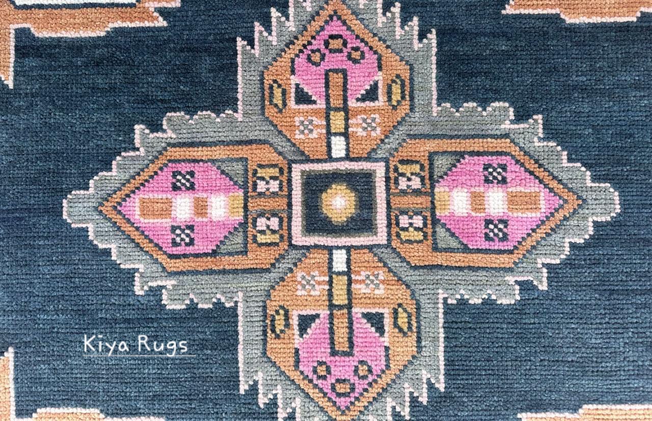 Navy Pink Oushak Rug: Hand-Knotted Turkish Floral Medallion