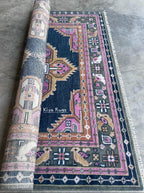 Navy Pink Oushak Rug: Hand-Knotted Turkish Floral Medallion
