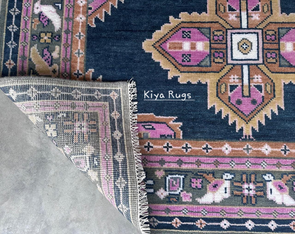 Navy Pink Oushak Rug: Hand-Knotted Turkish Floral Medallion