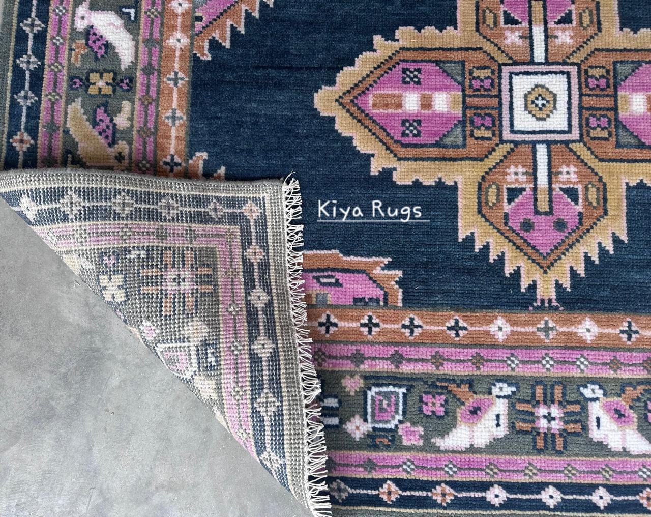 Navy Pink Oushak Rug: Hand-Knotted Turkish Floral Medallion