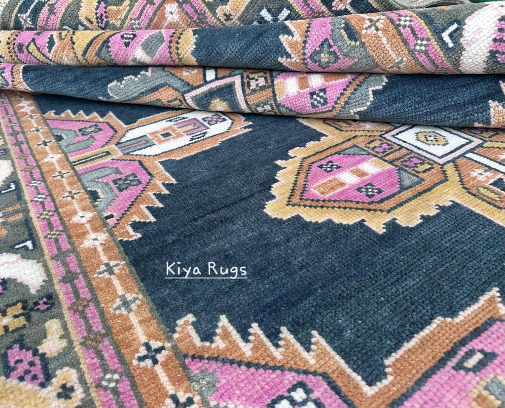 Navy Pink Oushak Rug: Hand-Knotted Turkish Floral Medallion