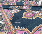 Navy Pink Oushak Rug: Hand-Knotted Turkish Floral Medallion
