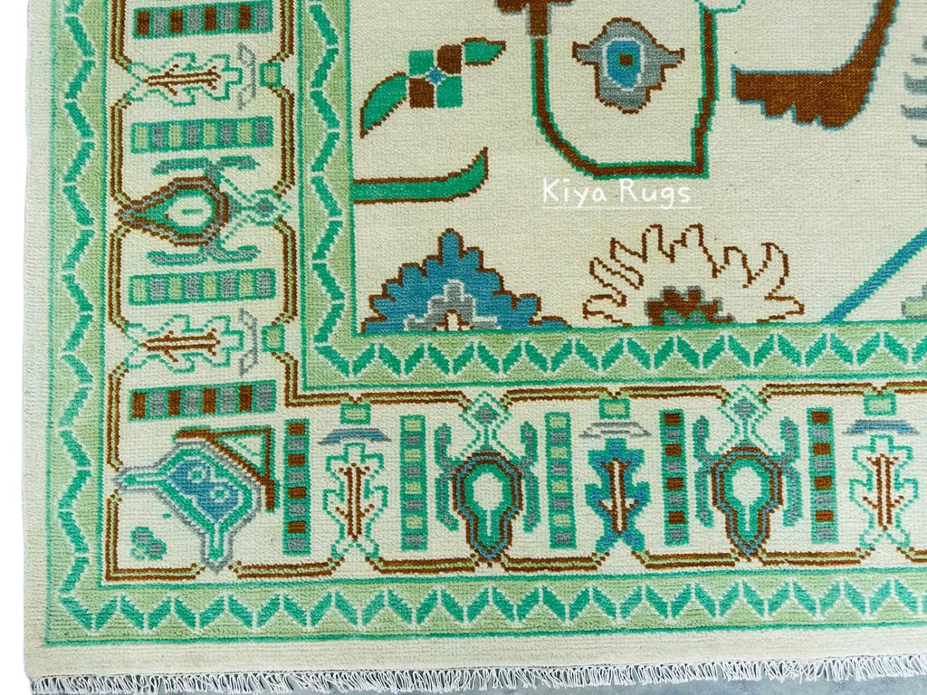 Sage Green Oushak Rug, 8x10 Ivory Hand-Tufted Woolen Carpet