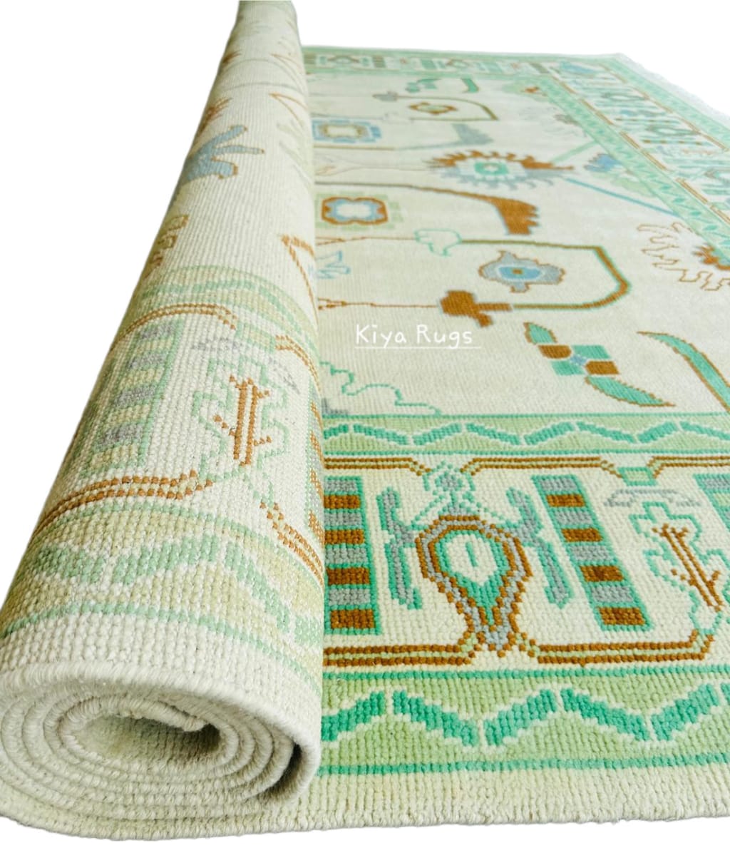 Sage Green Oushak Rug, 8x10 Ivory Hand-Tufted Woolen Carpet