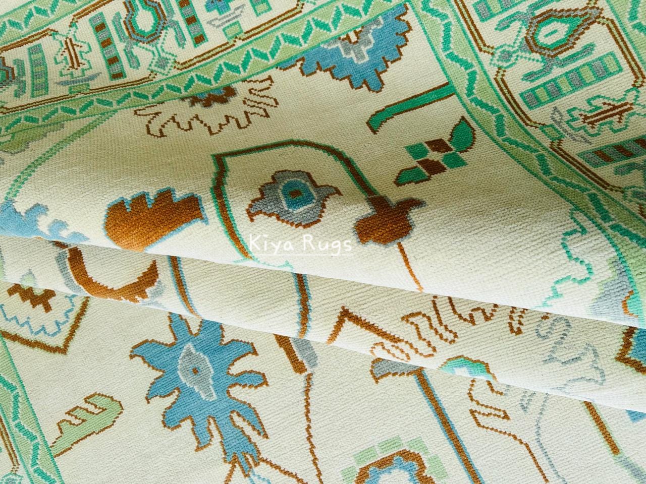 Sage Green Oushak Rug, 8x10 Ivory Hand-Tufted Woolen Carpet