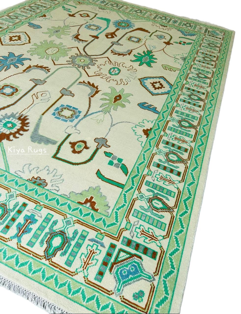 Sage Green Oushak Rug, 8x10 Ivory Hand-Tufted Woolen Carpet